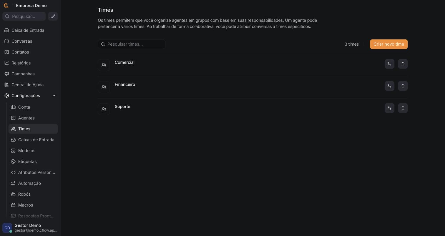 Tela de setores com Comercial, Financeiro e Suporte